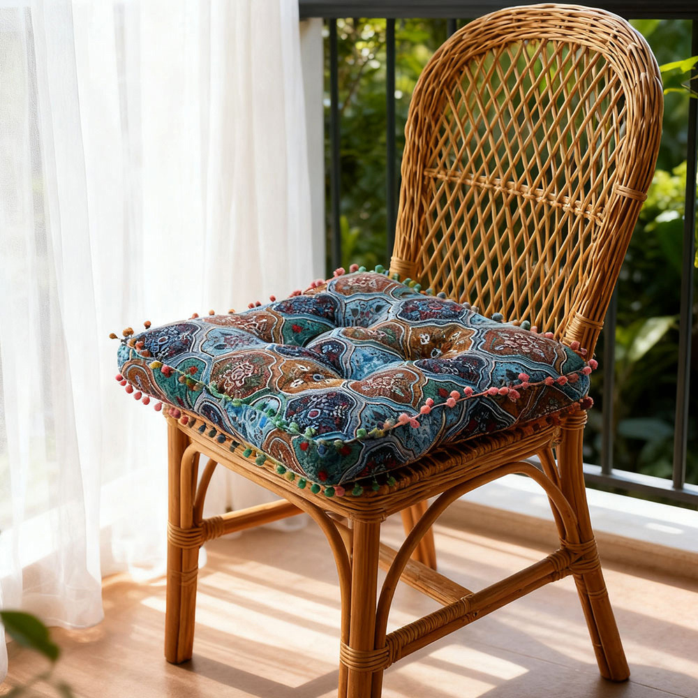 Living and Home Blue Turkish Style Square Seat Cushion with Pom Pom Trim 40 x 40cm Image 2