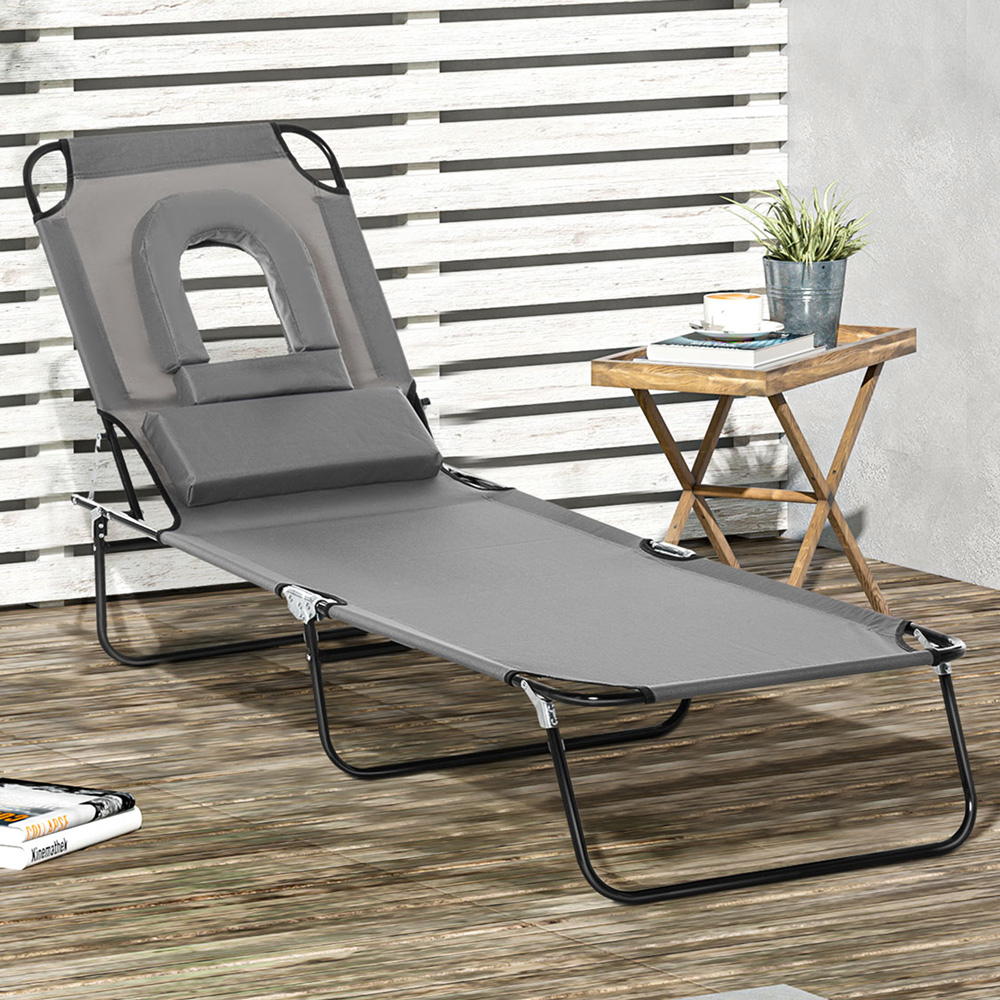 Outsunny Grey 4 Level Adjustable Sun Lounger with Reading Hole Image 1