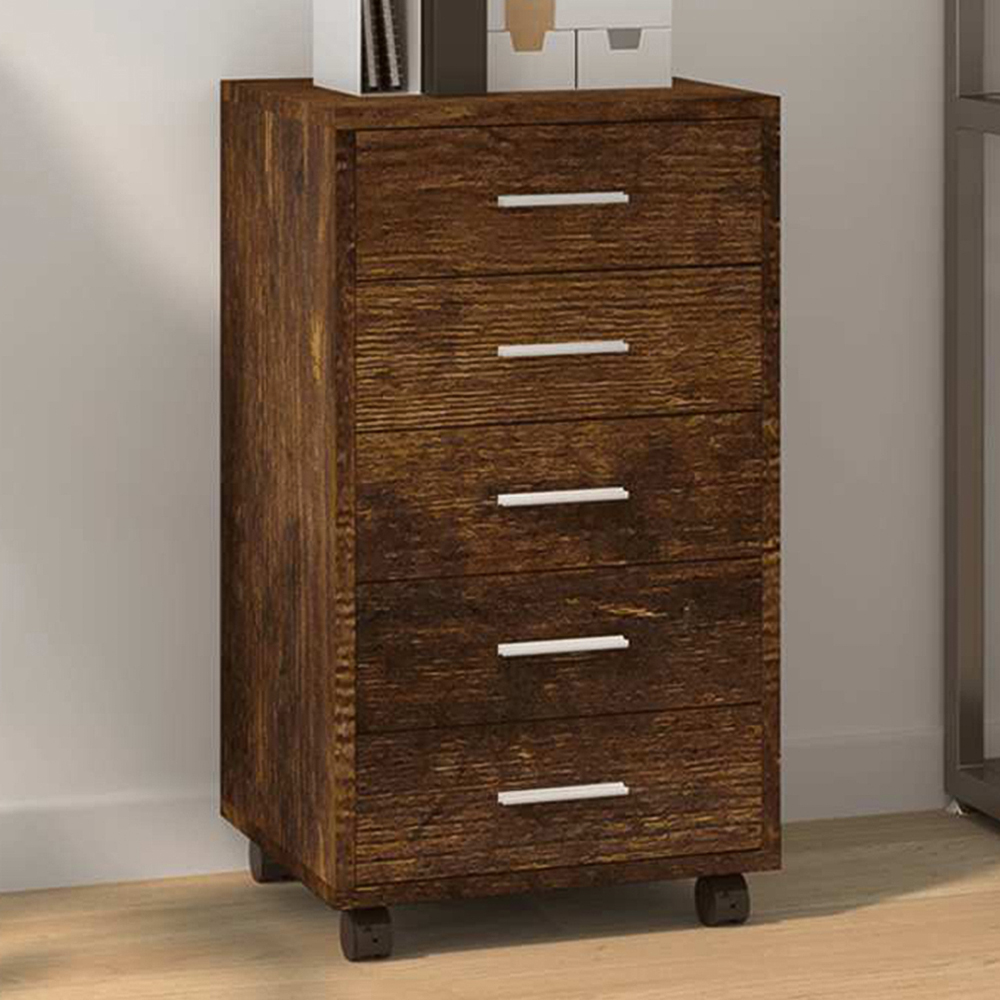 vidaXL 5 Drawer Smoked Oak Bedside Cabinet Image 1