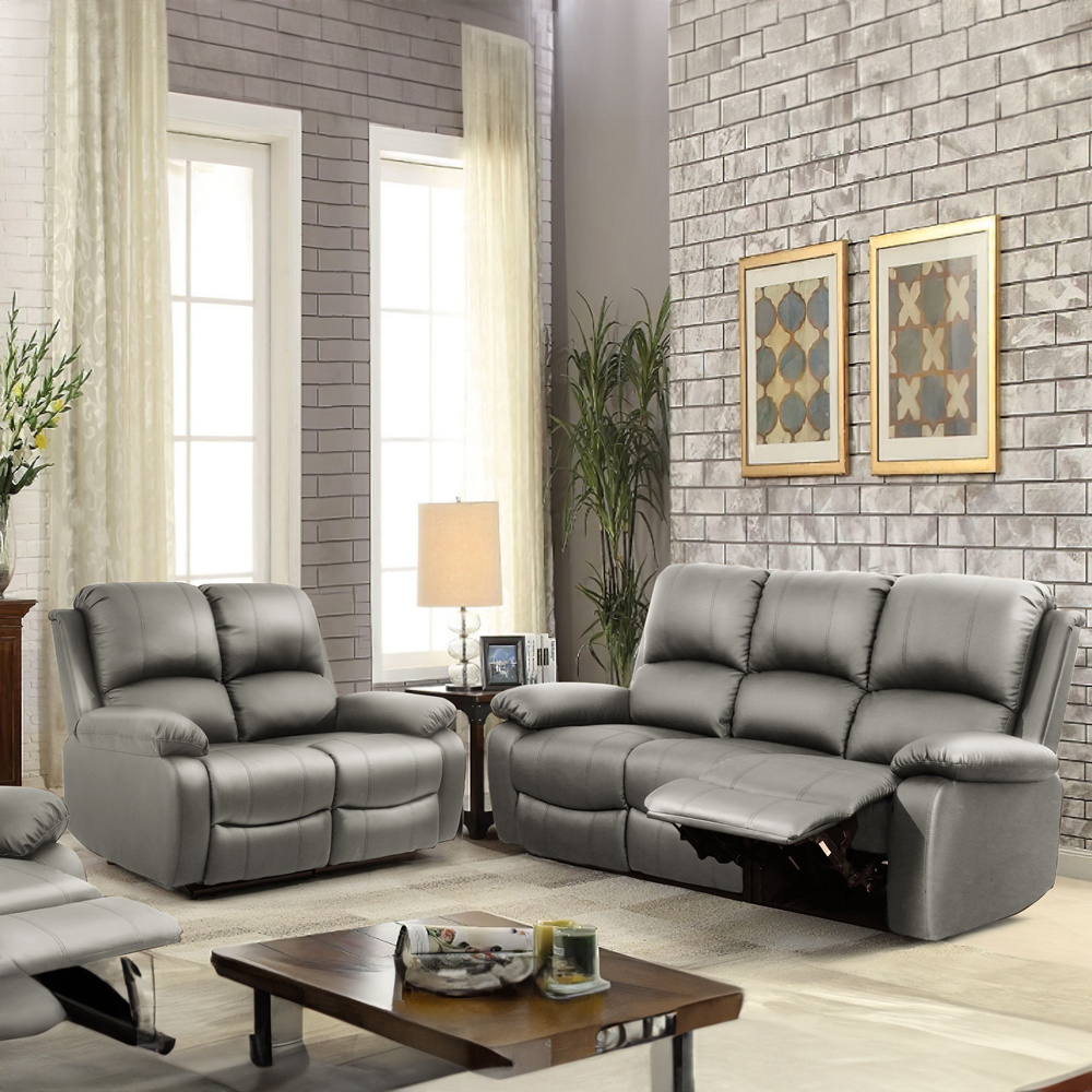 Brooklyn 3+2 Seater Light Grey Bonded Leather Manual Recliner Sofa Set Image 1