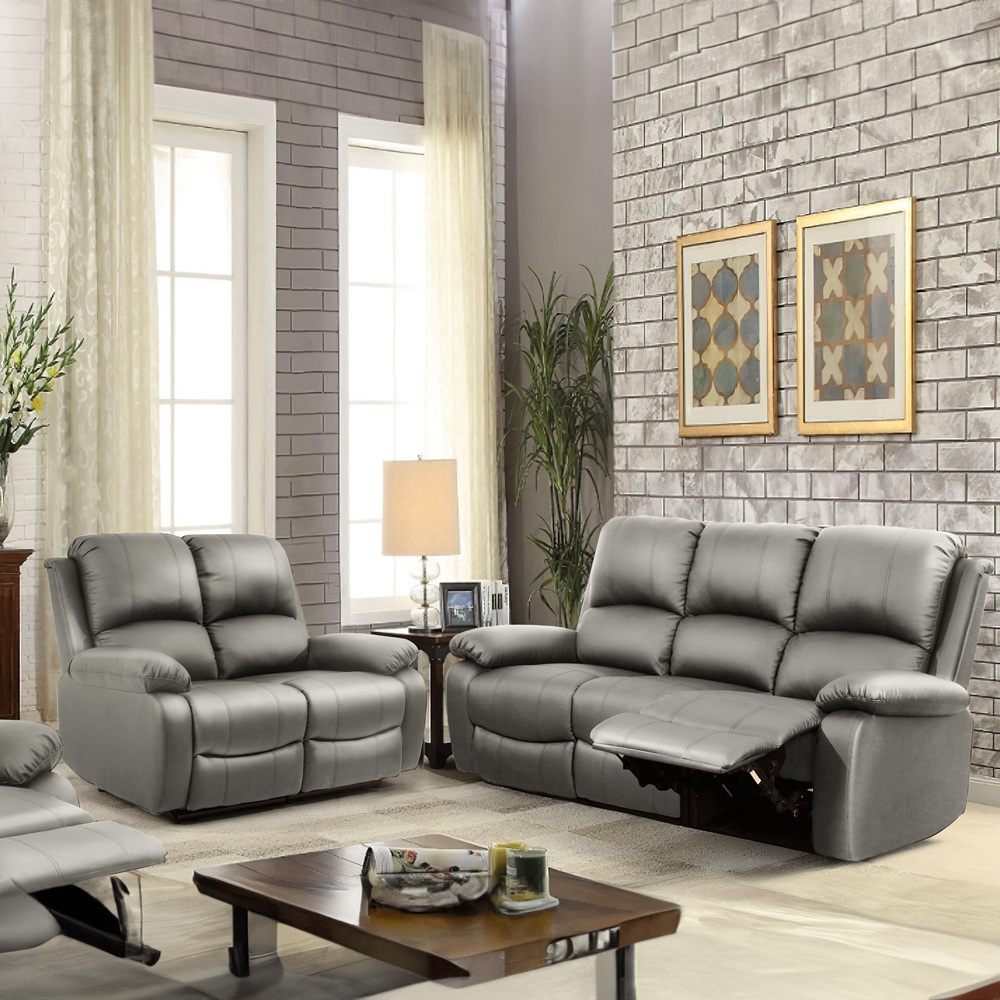 Brooklyn 5 Seater Light Grey Bonded Leather Manual Recliner Sofa Set Image 1