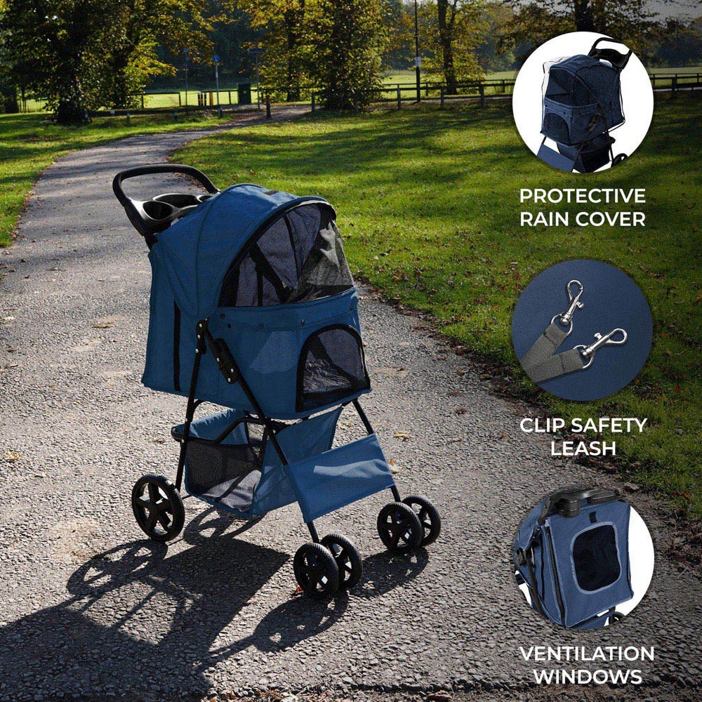 Monstershop Navy Blue Pet Stroller with Rain Cover Image 4