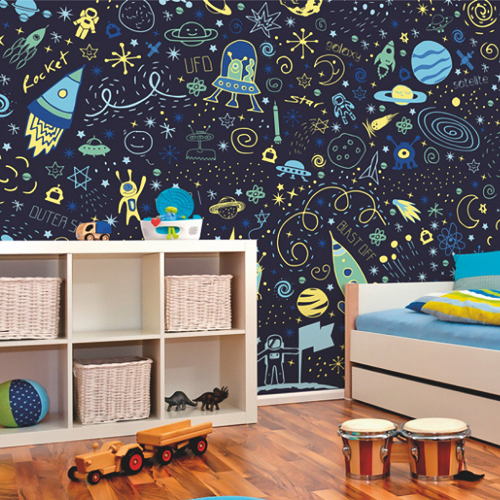 Origin Murals Space Doodle Text Blue Wall Mural Image 1
