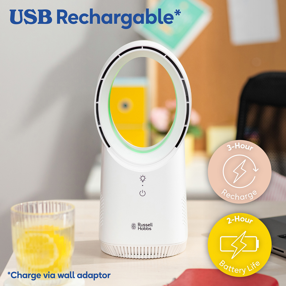 Russell Hobbs White Quiet Bladeless Compact Desk Fan with USB Image 5