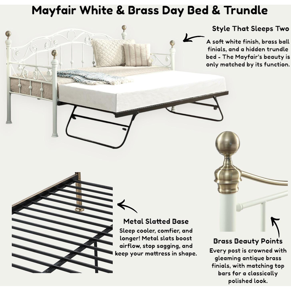 OAT Home Mayfair Single White and Brass and Black Guest Trundle Metal Day Bed Image 8