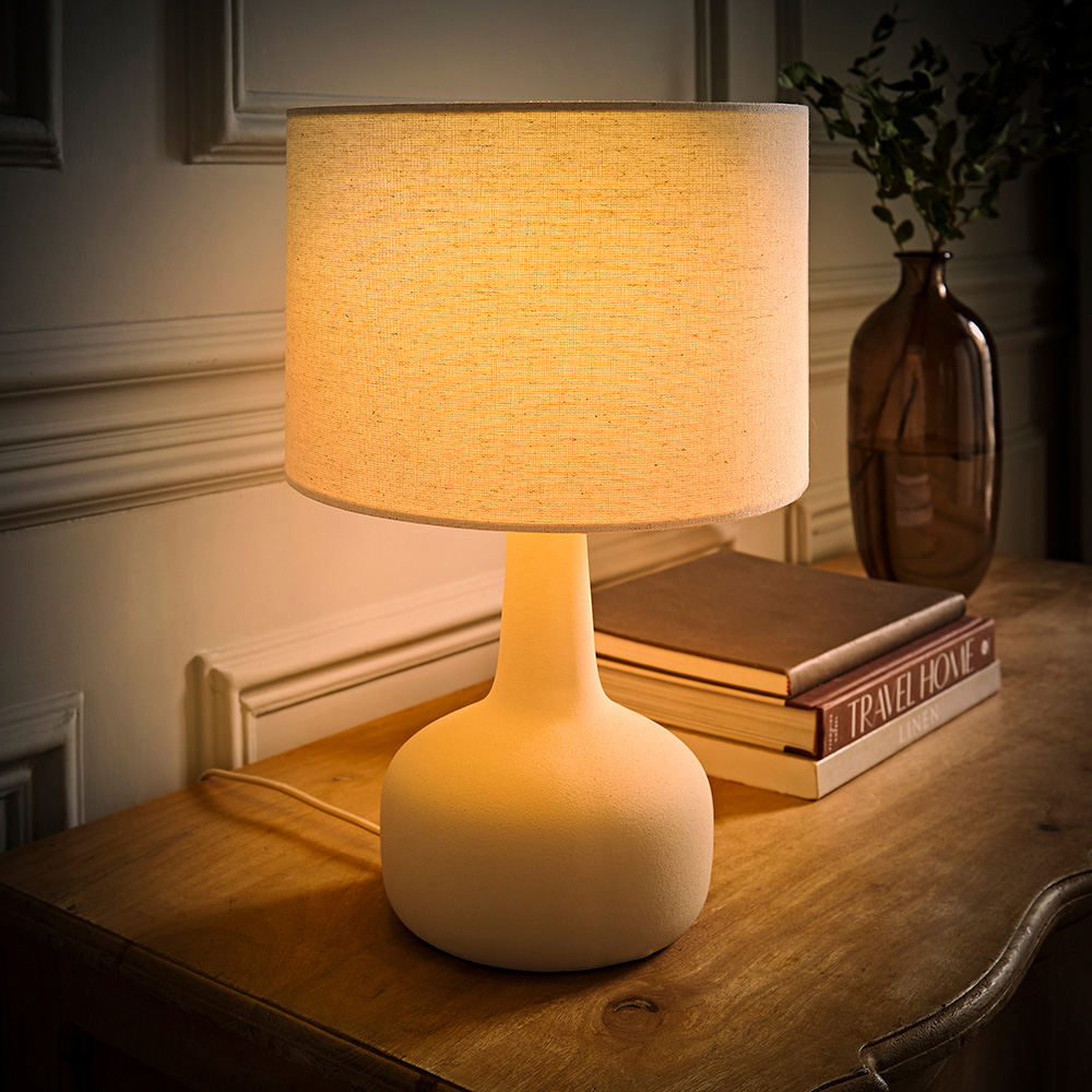 ValueLights Hayley Natural Linen Drum Shade Beige Squat Base Ceramic LED Table Lamp Image 2