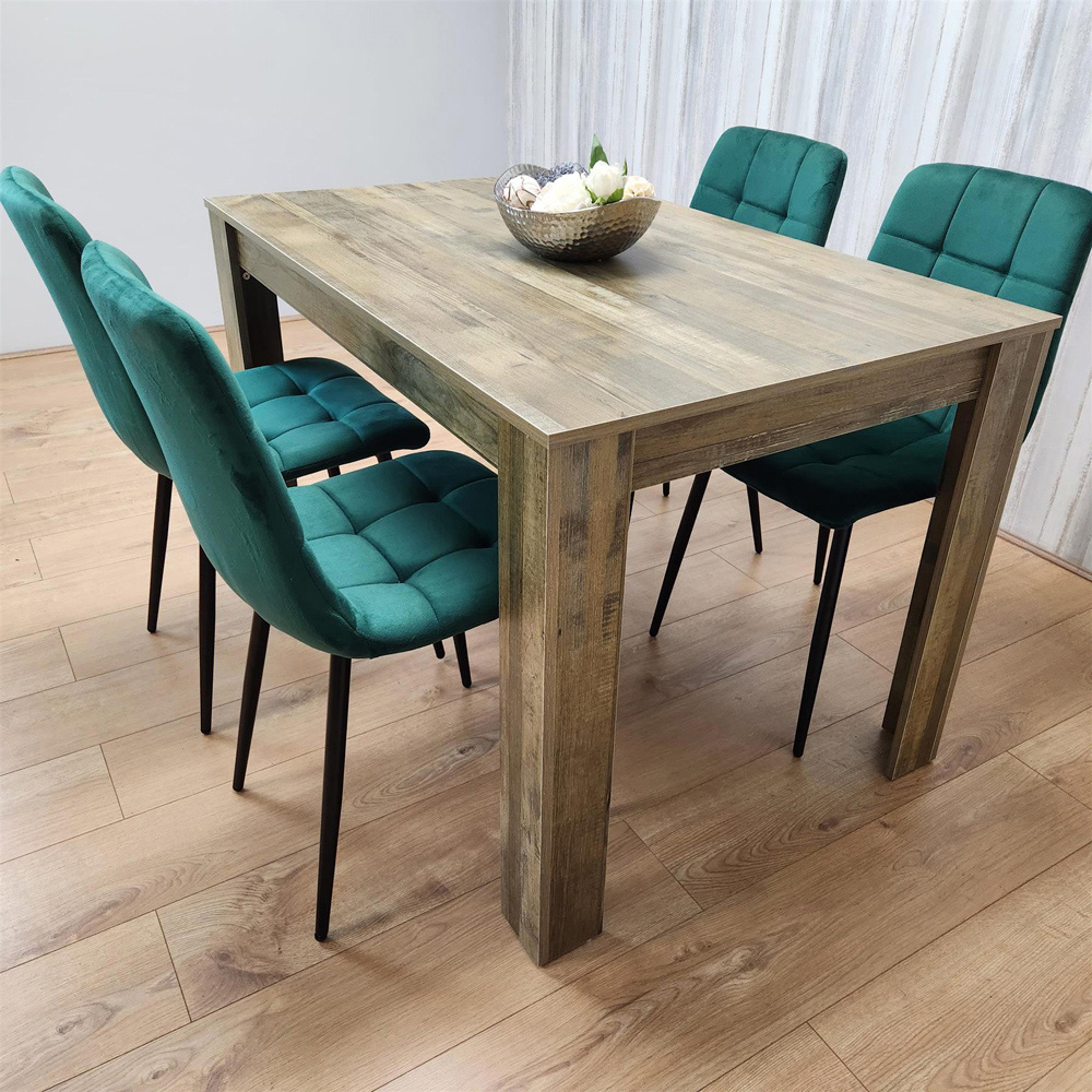 Portland 4 Seater Velvet Dining Set Wood Effect and Green Image 3