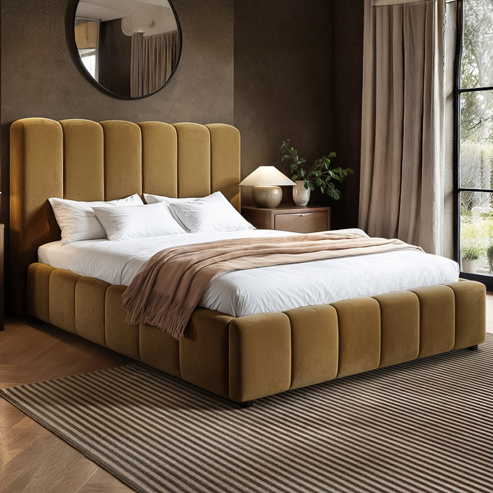 Solace+Co Emilie King Size Mocha Velvet Ribbed Ottoman Bed Image 1