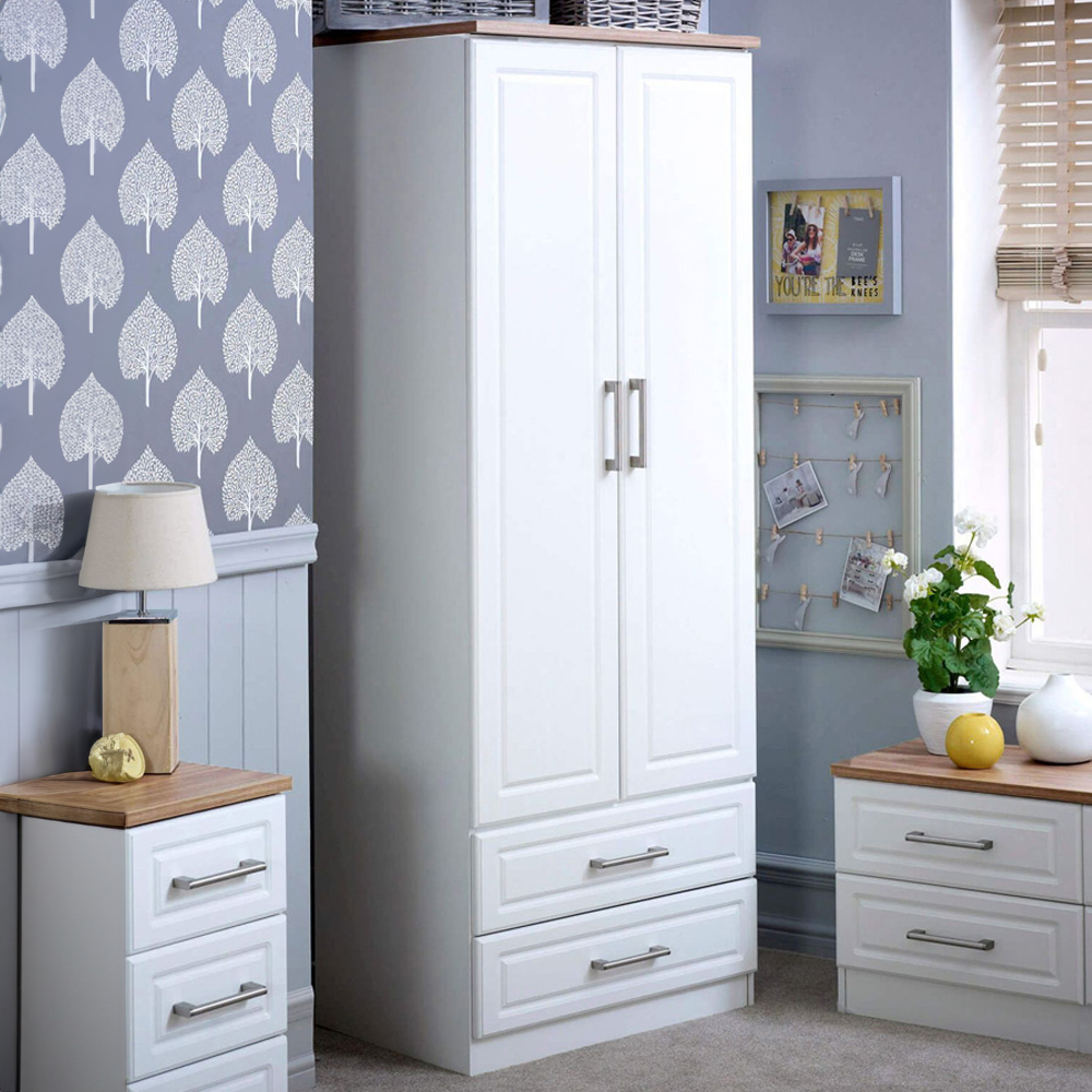 Crowndale Kent Ready Assembled 2 Door 2 Drawer White Ash and Modern Oak Wardrobe Image 1