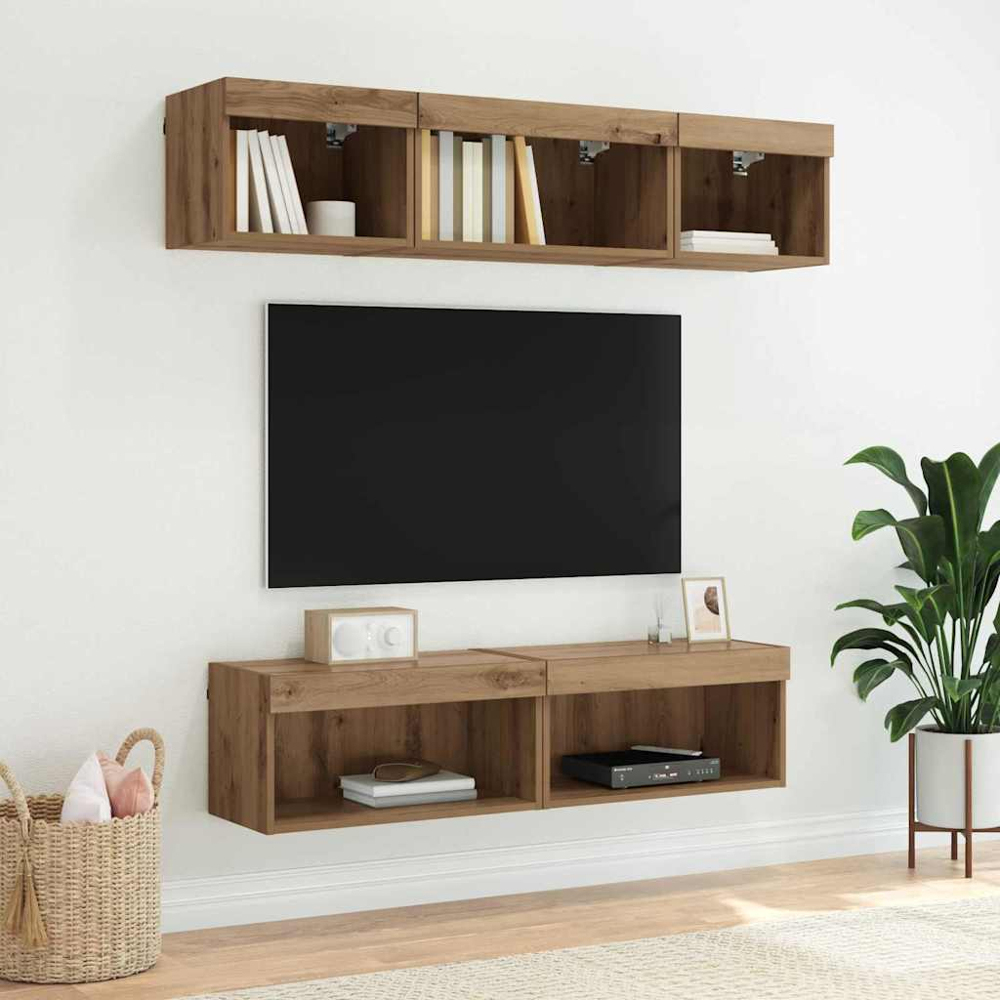 vidaXL Single Shelf Artisan Oak Wall Mounted Wide TV Cabinet with LED Light 2 Pack Image 6