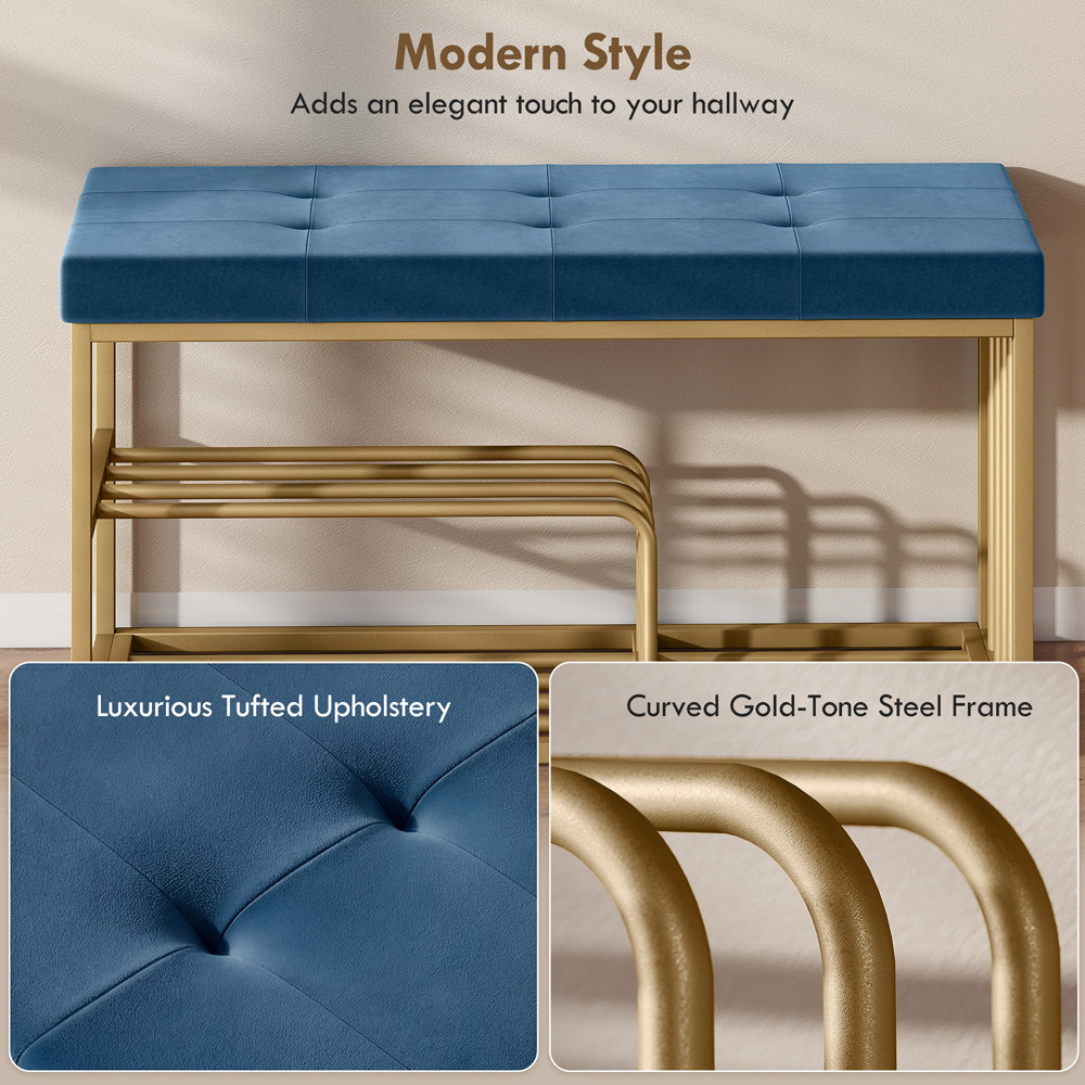 Portland 3 Shelf Dark Blue Shoe Rack Bench with Tufted Cushion Seat Image 7