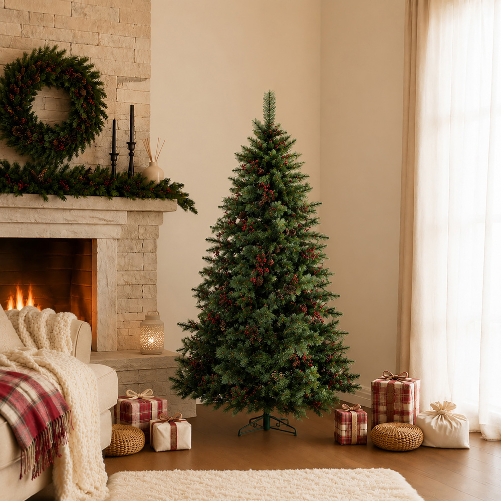 Abrihome Green Artificial Christmas Tree with Berries and Pinecones 5ft Image 3