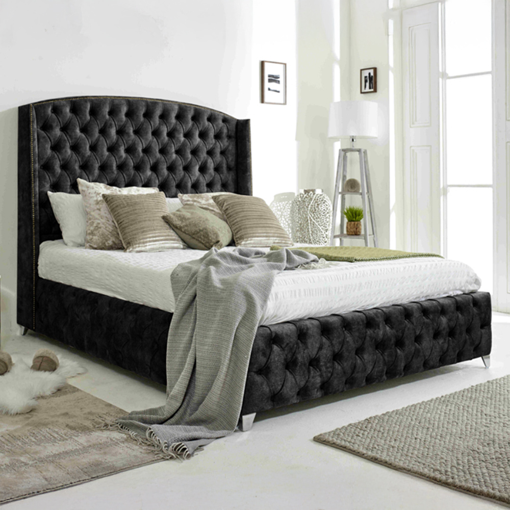 Eleganza Home Winfield Single Granite Oakland Fabric Bed Frame with Chesterfield Headboard Image 1