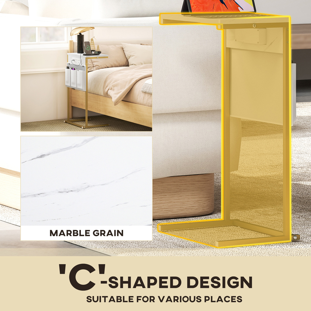 HOMCOM White and Gold C Shaped Bedside Table with Charging Station Image 7