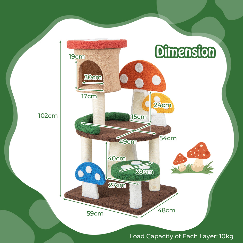 Costway Multicolour Mushroom Cat Tree Tower with Natural Sisal Posts 102cm Image 9