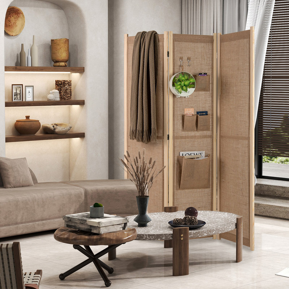 Costway 3 Panel Natural Room Divider with Storage Bags Image 2
