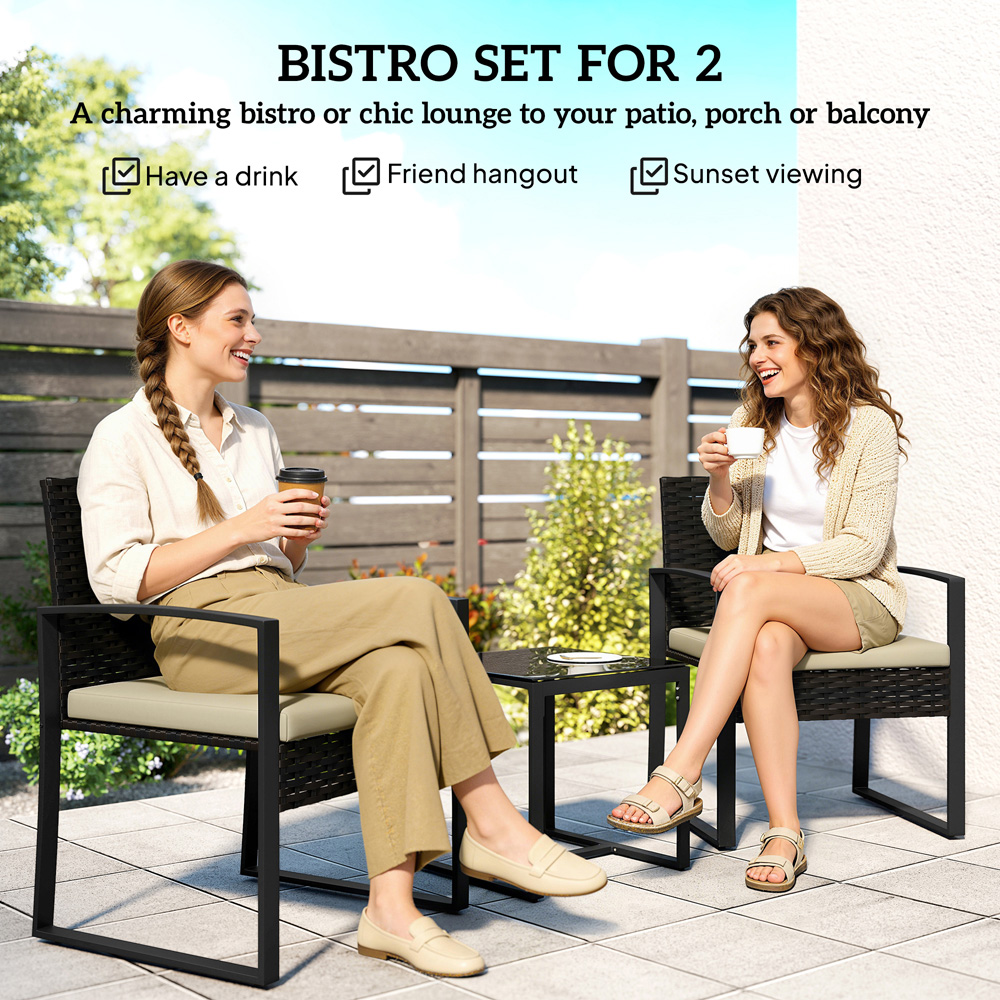 Outsunny 2 Seater Khaki PE Rattan Bistro Set with Cushion Image 8