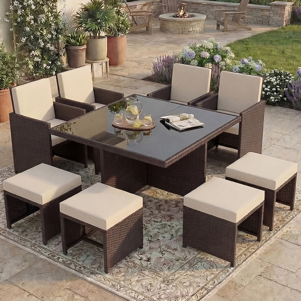 GARDEN VIDA Cuba 8 Seater Brown PE Rattan Garden Dining Set with Cover Image 1