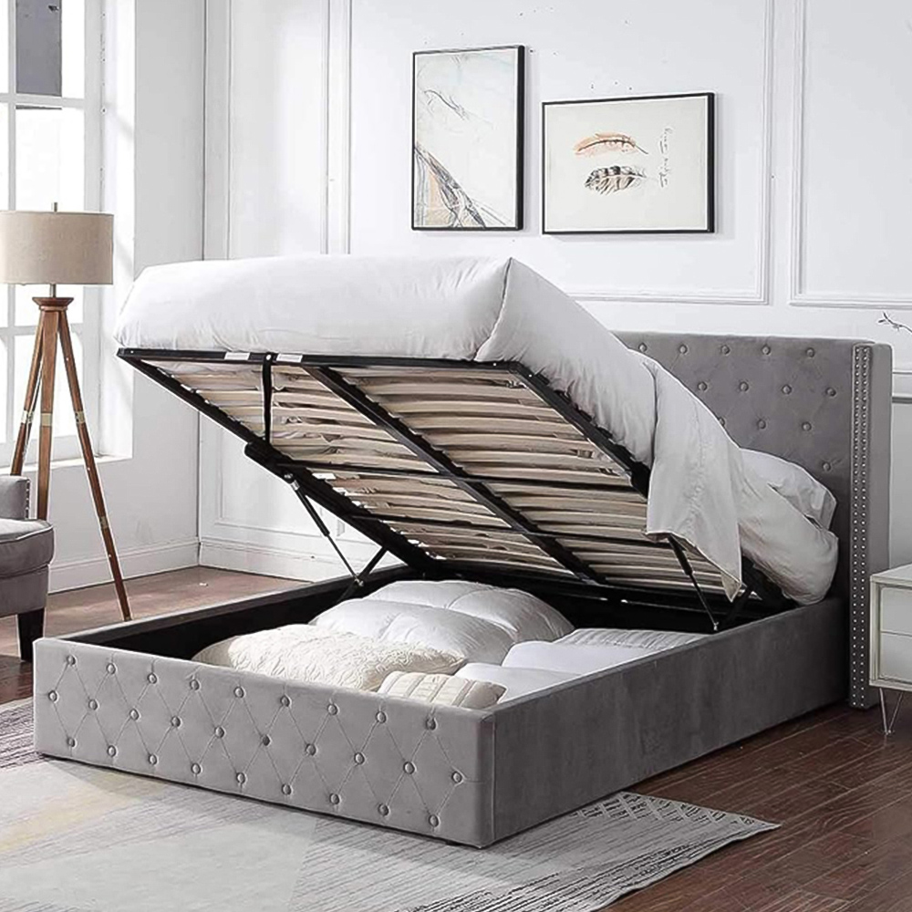 Home Treats King Size Brushed Velvet Buttoned Winged Headboard Ottoman Bed Frame Image 5