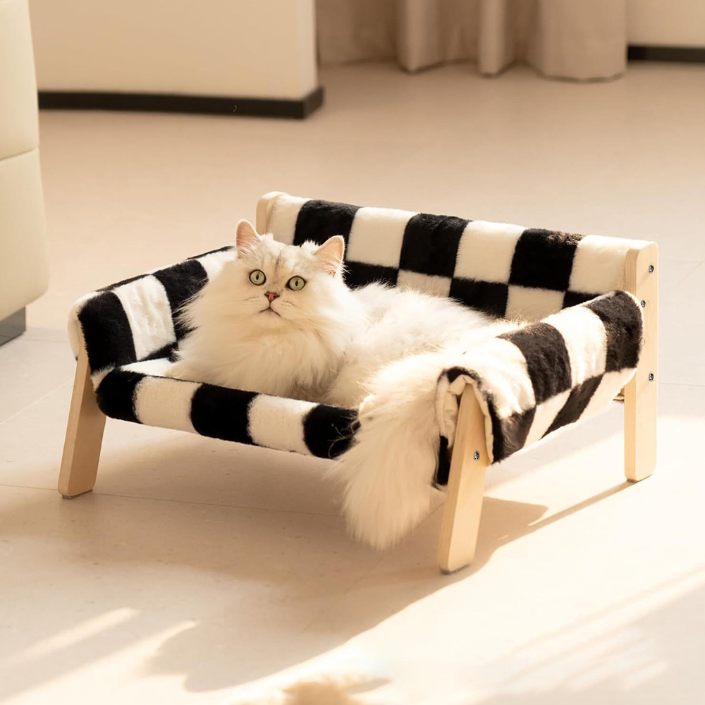 H&O Direct Long Plush Black and White Plaid Wooden Pet Sofa Image 2