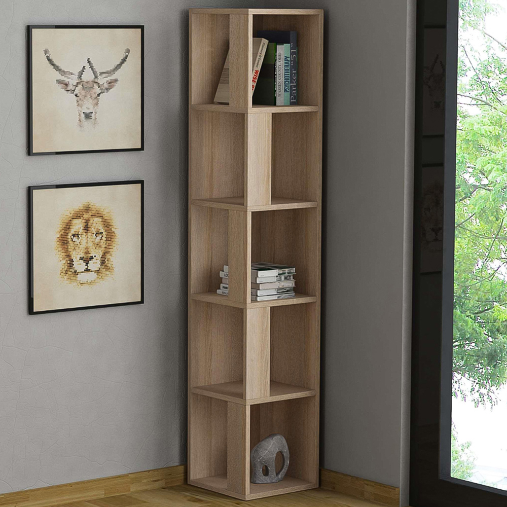 Decortie Piano 5 Shelf Natural Oak Effect Modern Corner Bookcase Image 1