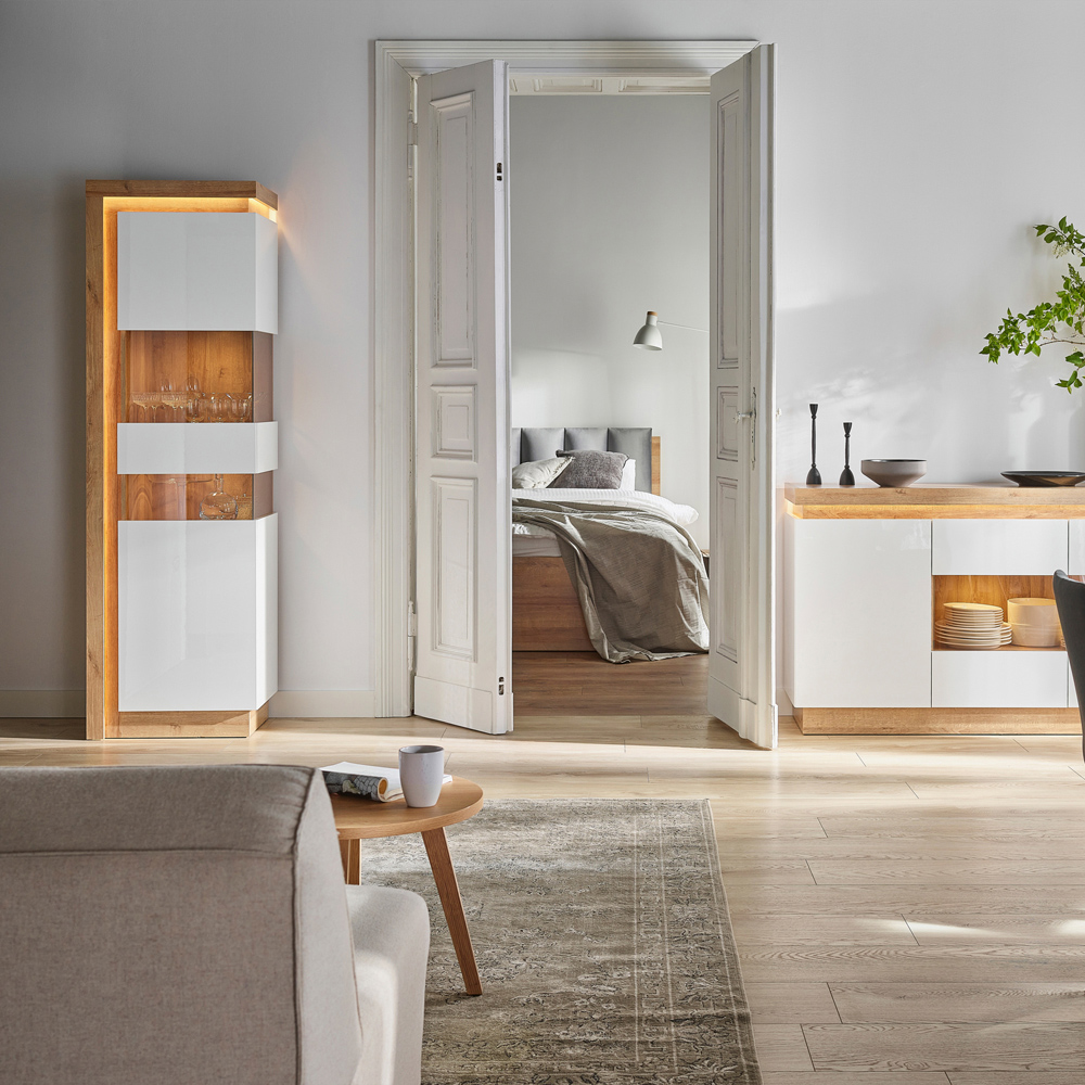 Florence Lyon Single Door Riviera Oak and White Display Cabinet with LED Lighting Image 4