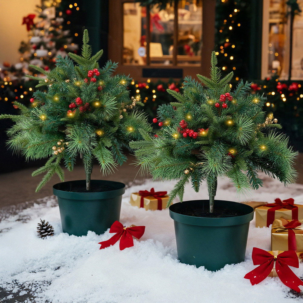 Living and Home Pre-Lit Artificial Christmas Tree Urn Filler with Berries 55cm 2 Pack Image 2