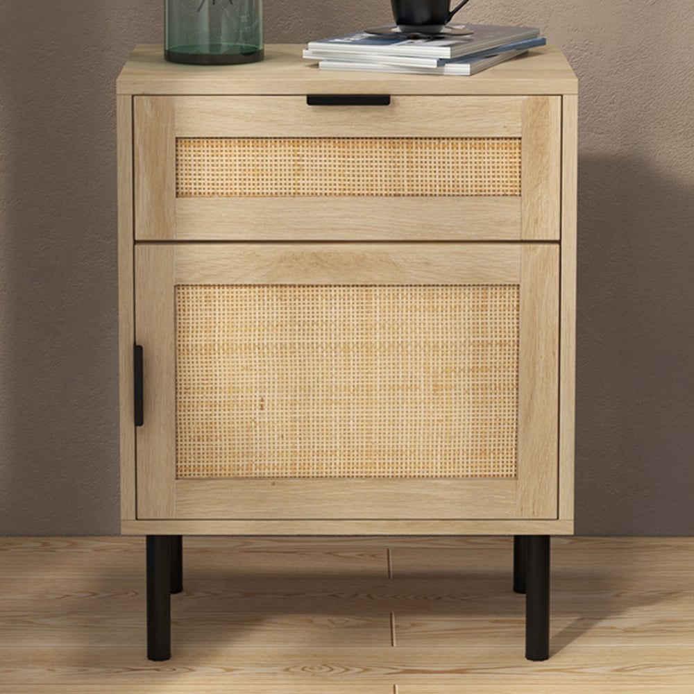 Costway Single Door Single Drawer Natural Rattan Nightstand Set of 2 Image 1