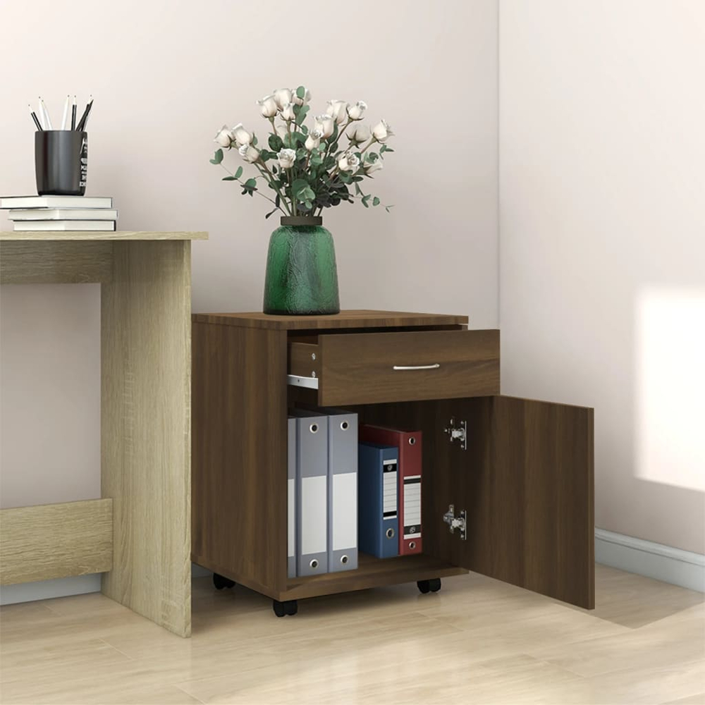 vidaXL Single Door Single Drawer Smoked Oak Rolling Storage Cabinet Image 3