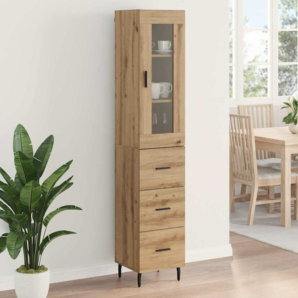vidaXL Single Glass Door 3 Drawer Artisan Oak Slim Sideboard with Metal Legs Image 1