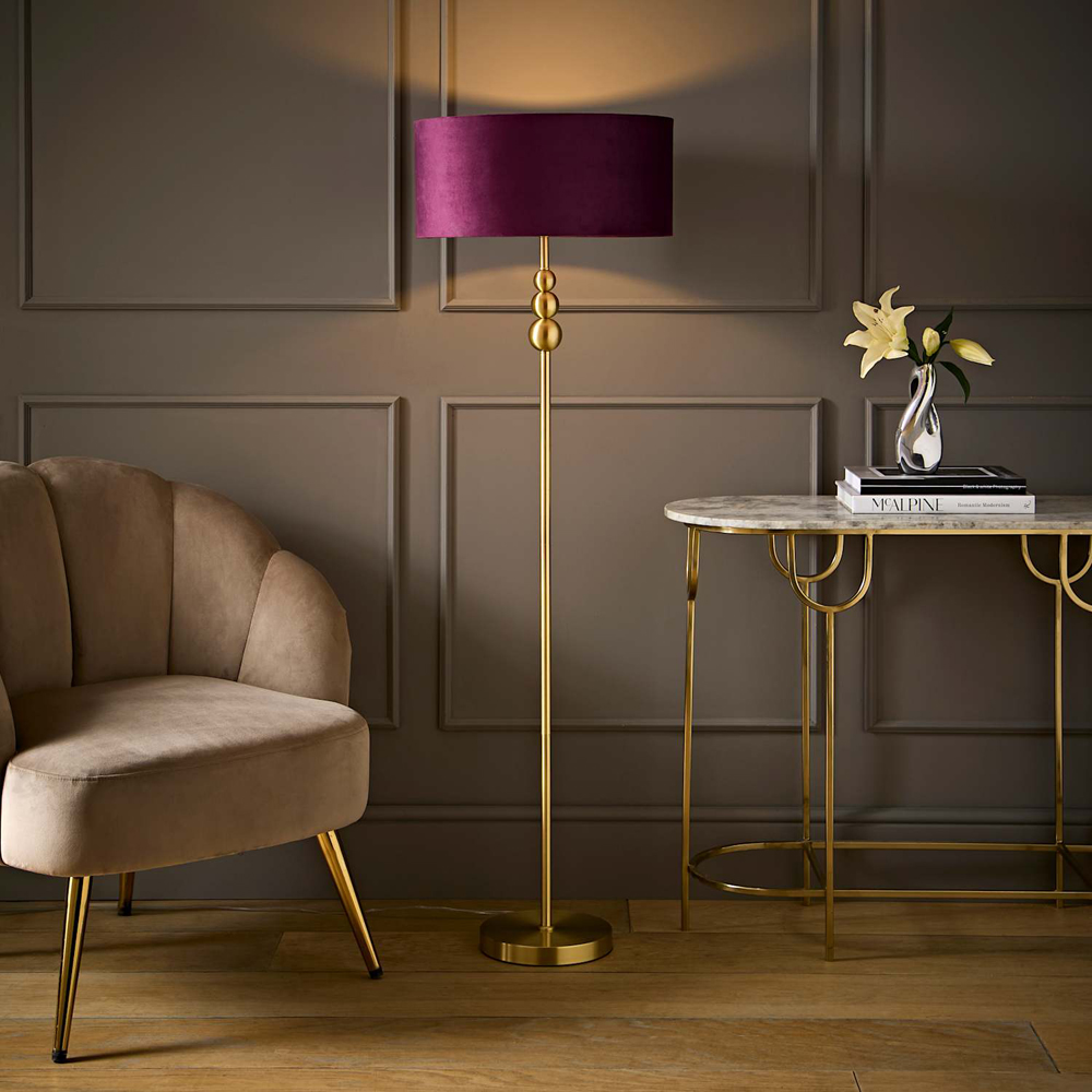 ValueLights Marissa Plum Velvet Squat Shade Brushed Gold Floor Lamp with Bulb Image 6