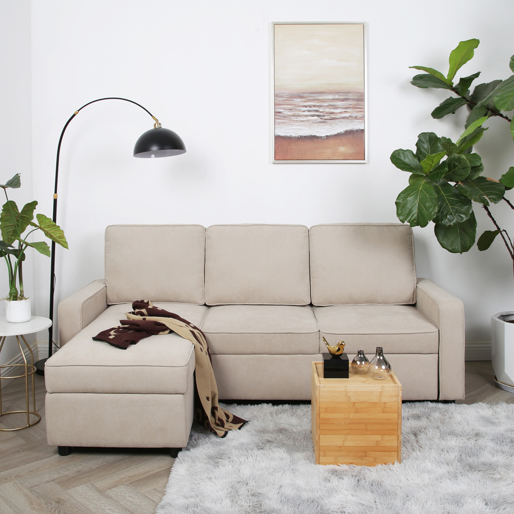 Selene Double Sleeper Beige Linen Corner Sofa Bed Image 8