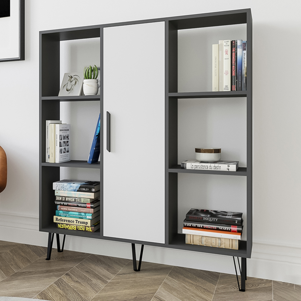 Decorotika Peoria Single Door 6 Shelf Anthracite and White Bookcase Image 1