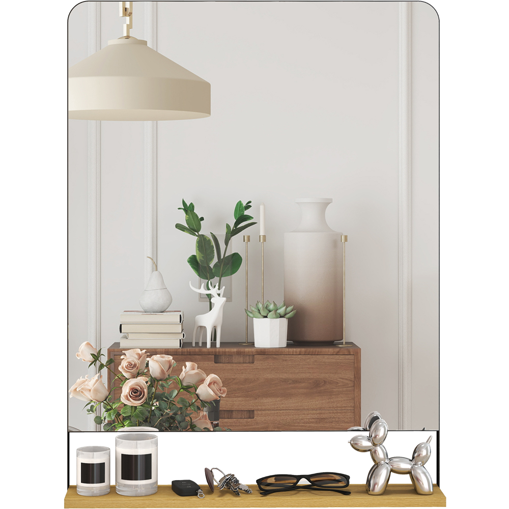 Portland Black Metal Frame Industrial Wall Mirror with Wood Shelf 80 x 60cm Image 1