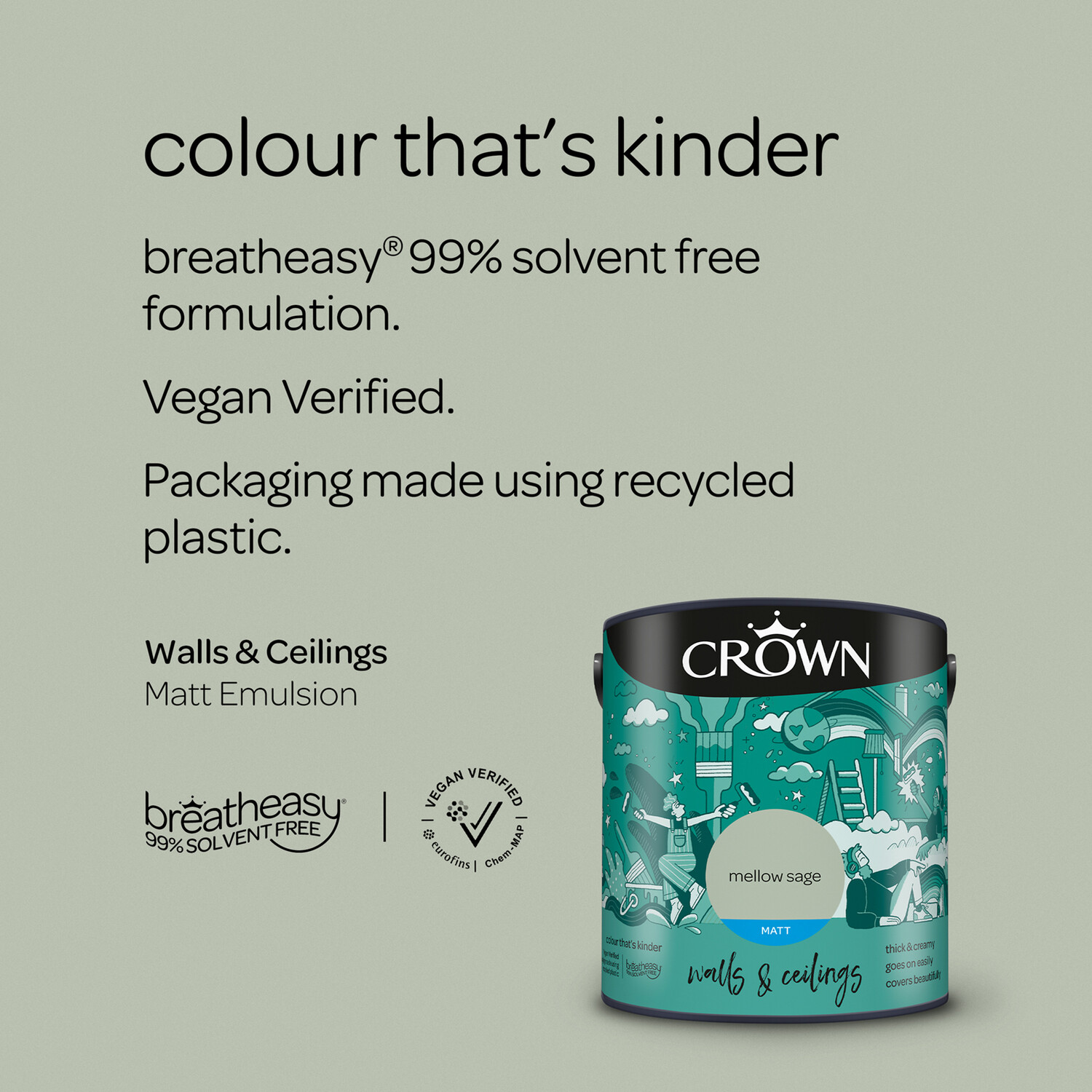 Crown Wall & Ceilings Mellow Sage Matt Emulsion Paint 2.5L Image 4