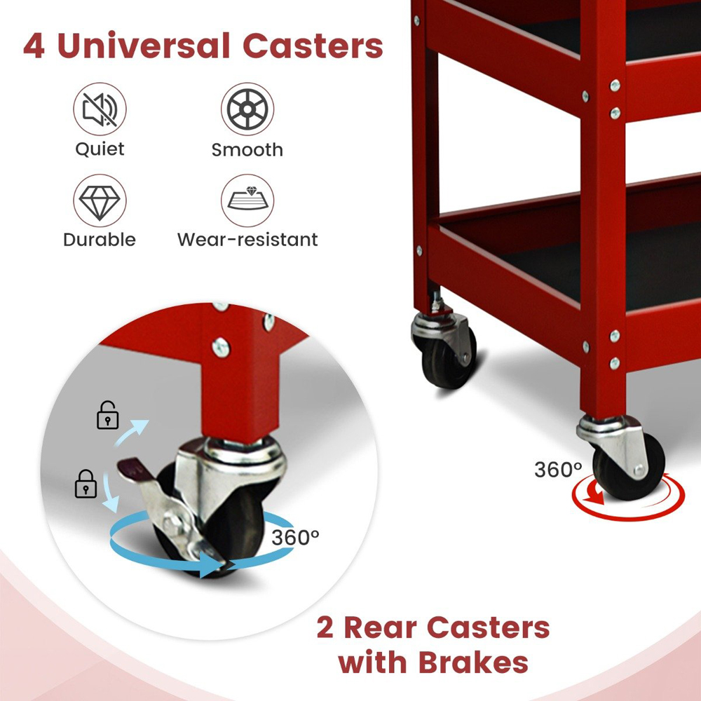 Costway 3 Shelf Single Drawer Red Tool Trolley Image 5