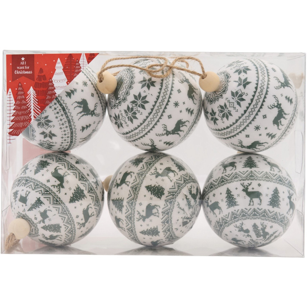 Set of 6 Sage Fair Isle Pattern Baubles Image 1