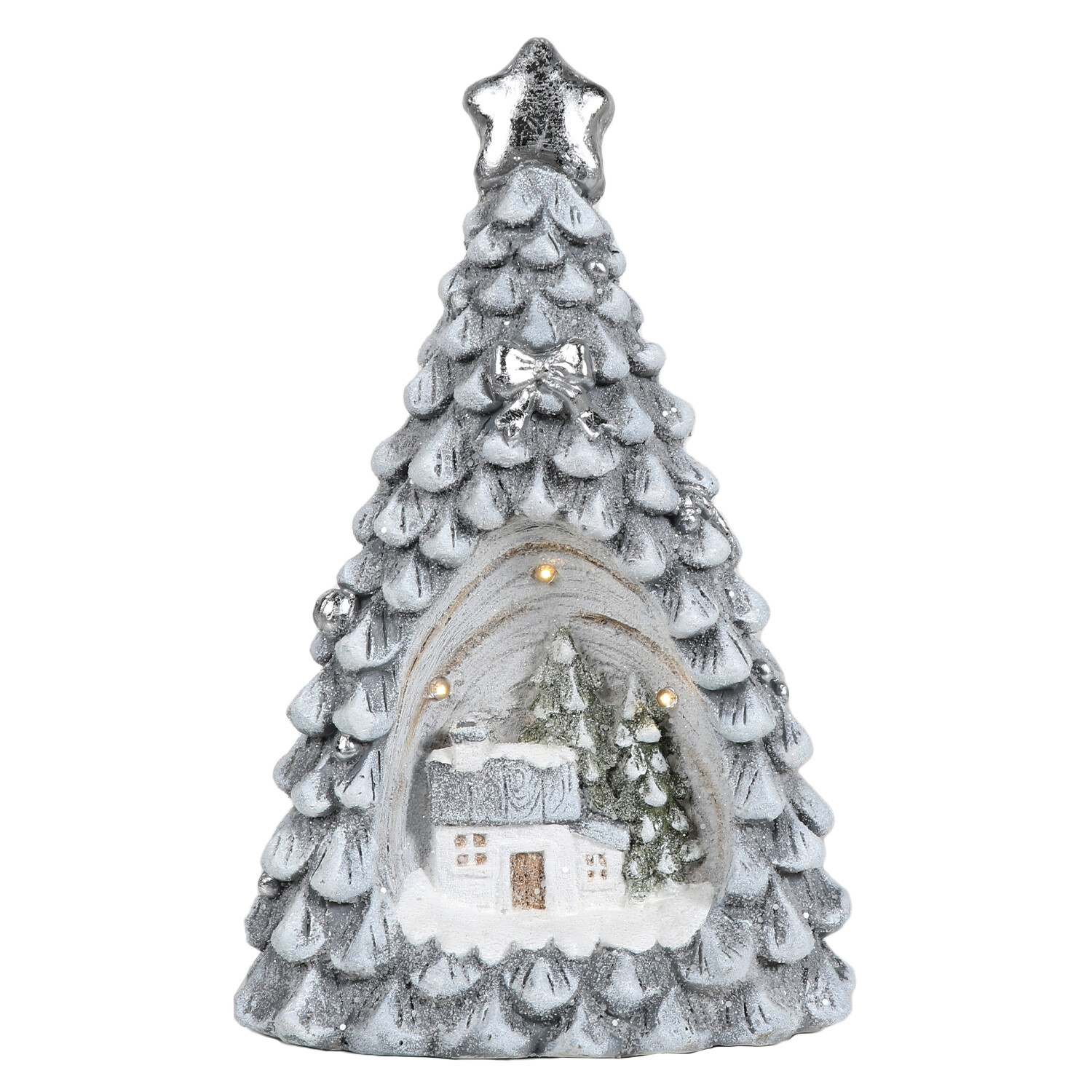 Silver LED Frosted Tree & House Ornament Image 2