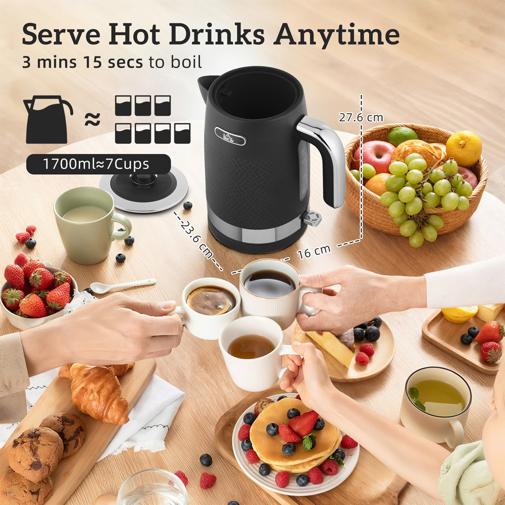 HOMCOM 800-288V70BK Black 1.7L Kettle and 4 Slice Toaster Set with Rapid Boil 3000W Image 4
