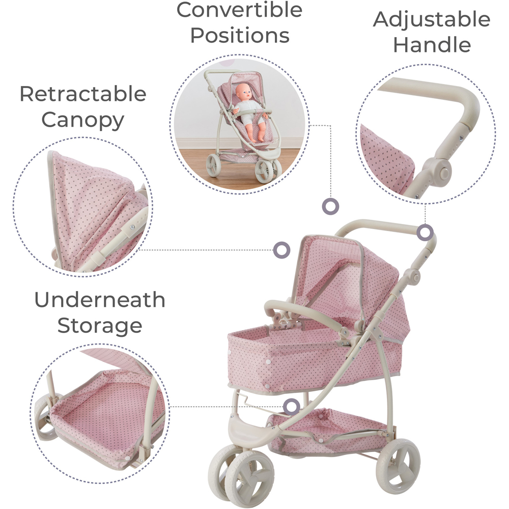 Teamson Kids Olivia's Little World 2 in 1 Pink and Grey Polka Dots Princess Baby Doll Stroller Image 7