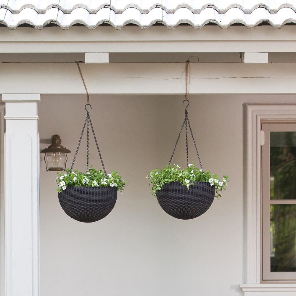 Keter Grey Rattan Effect Sphere Hanging Planter 22cm Image 2