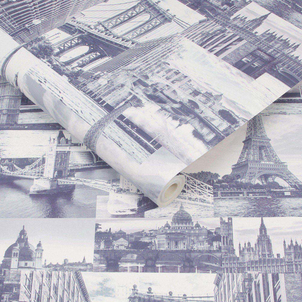 Fresco City Scene Indigo Wallpaper Image 2