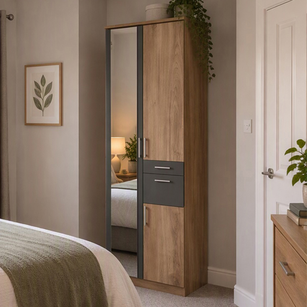 TJ'S Lyon 3 Door 2 Drawer Oak Wardrobe with Mirror Image 1