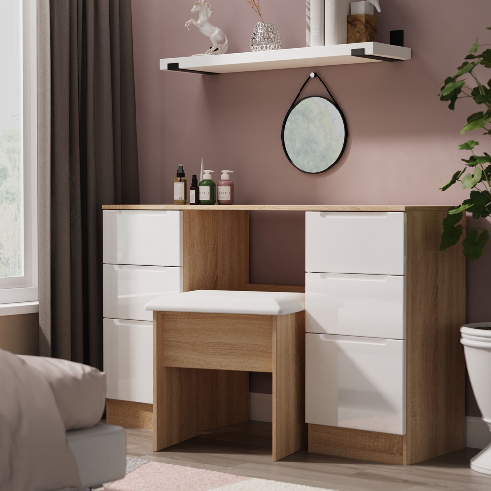 Crowndale Milan 6 Drawer White Gloss and Bardolino Oak Kneehole Desk Ready Assembled Image 7