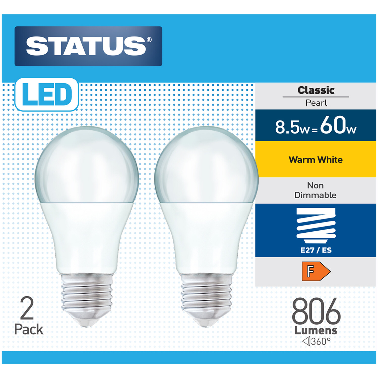 Status 2 Pack E27/ES LED 8.5W Classic Pearl Light Bulbs Image 1