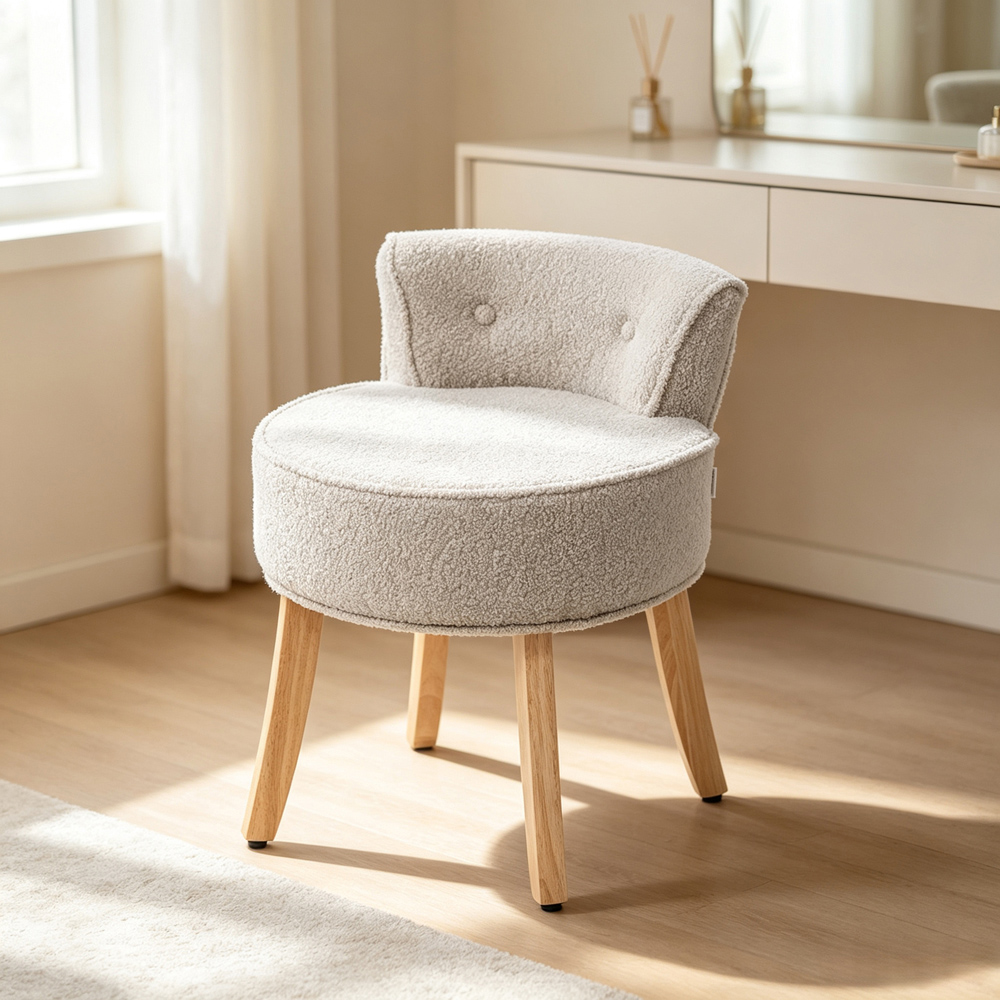 Living and Home Grey Teddy Fleece Button Tufted Vanity Stool Image 7