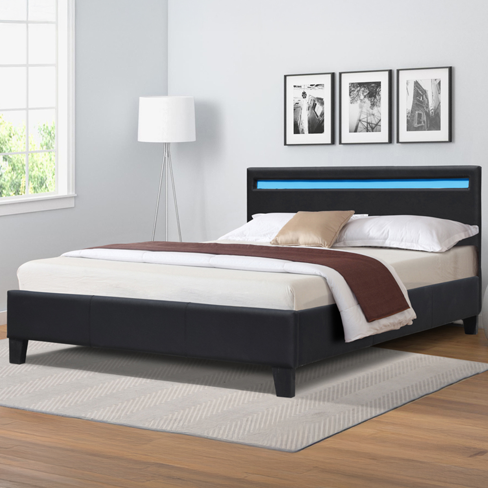 Comfy Living Small Double Black Faux Leather Bed Frame with LED Strip Image 1