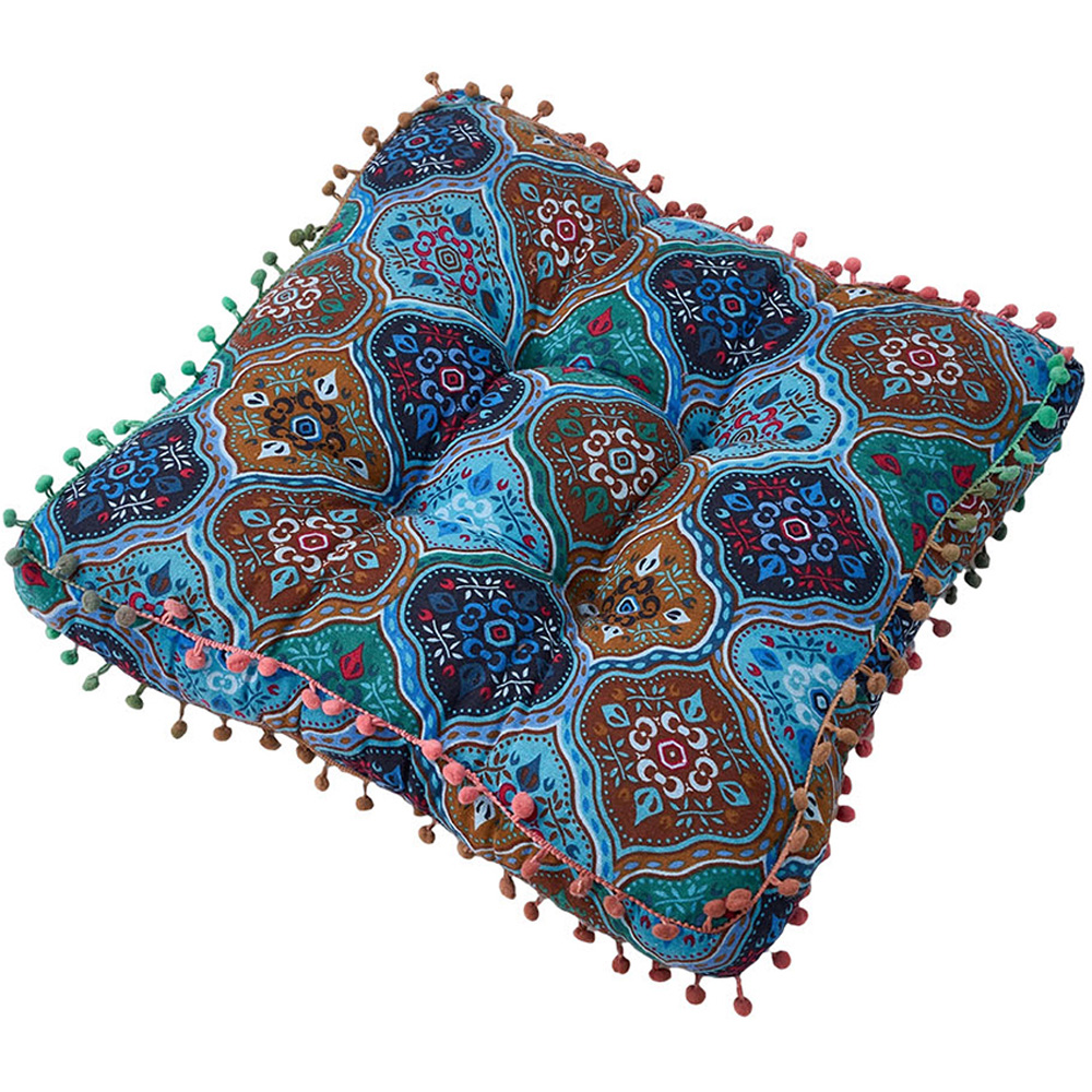 Living and Home Blue Turkish Style Square Seat Cushion with Pom Pom Trim 40 x 40cm Image 1