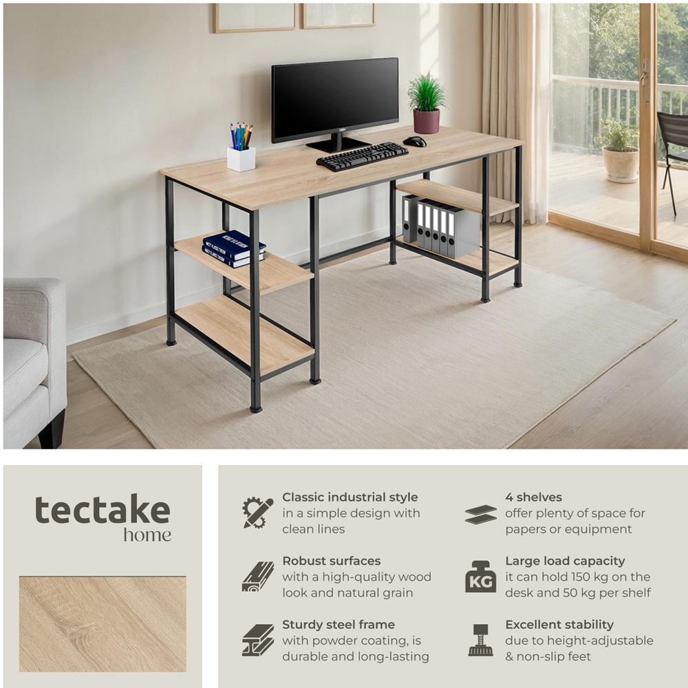 tectake Stoke 4 Shelf Oak Sonoma Office Desk Image 6