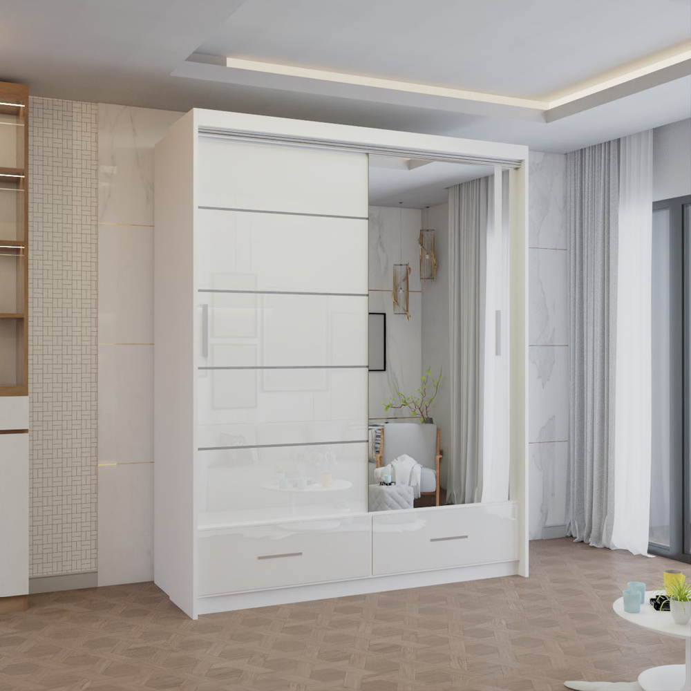 M N Furniture Seliyaa 2 Door 2 Drawer White High Gloss Sliding Door Wardrobe 150cm Image 4
